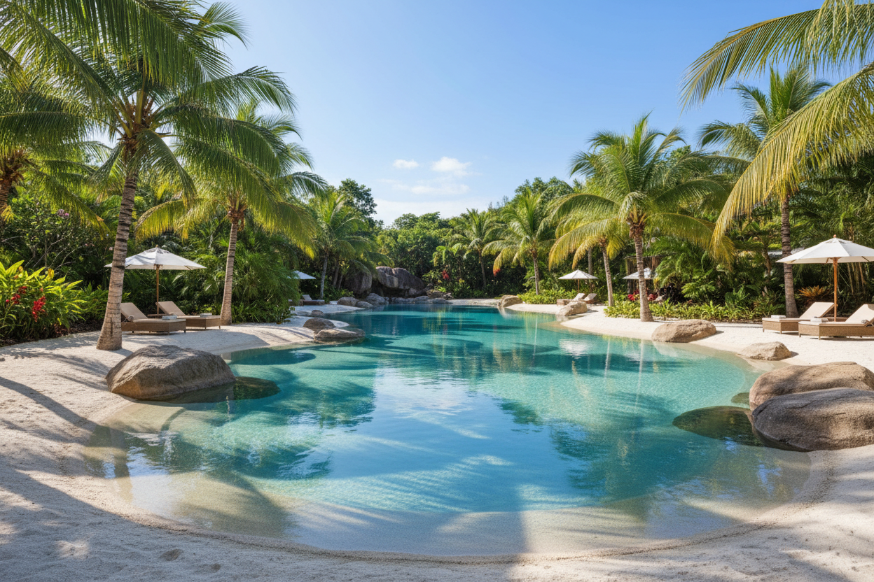 Realistic beach-entry swimming pool with tropical design